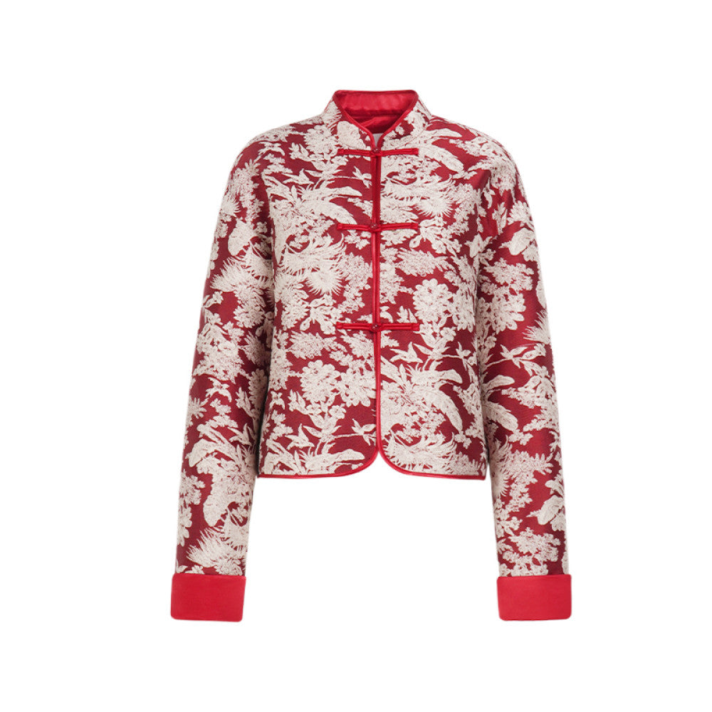 Happy wish new Chinese style naivee Nawei 25 autumn and winter red double breasted jacquard New Year short jacket for women image 15