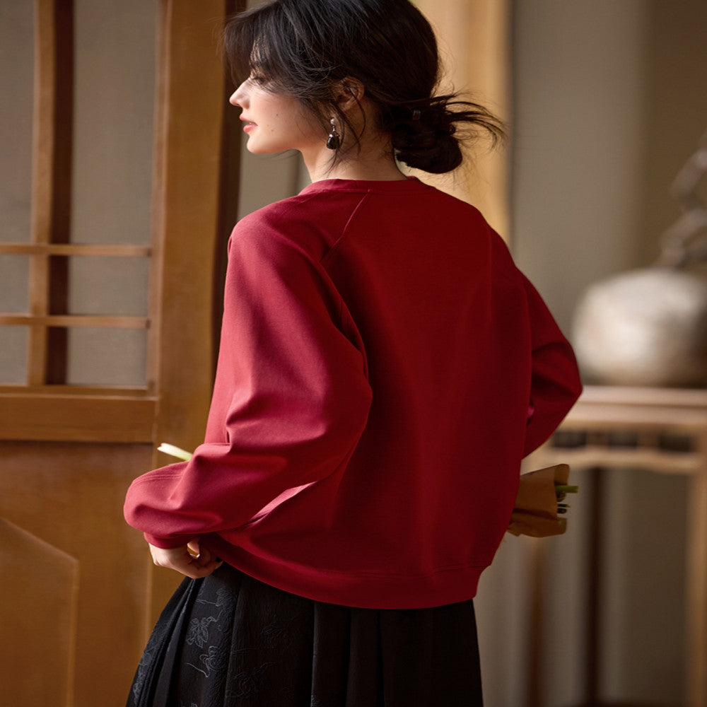 XWI Xinwei New Year Red Benming Year New Chinese Style Sweater Women s 2024 Autumn New Round Neck Pullover Top image 10