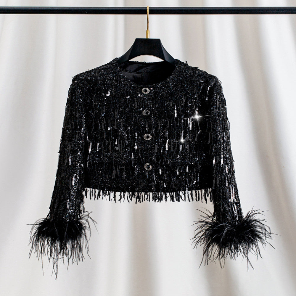Ostrich feathers are removable sequined tassel French style lady Chanel style jacket for women autumn and winter long sleeves large size image 0