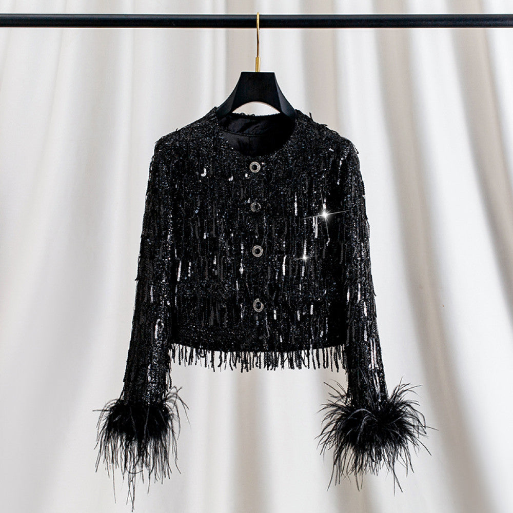 Ostrich feathers are removable sequined tassel French style lady Chanel style jacket for women autumn and winter long sleeves large size image 12