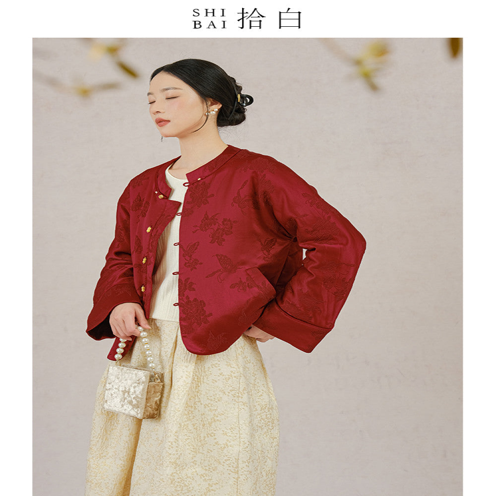 SHIBAI Shibai Dielianhua New Chinese style jacket winter high end mulberry silk silk crown wrinkled red cotton coat image 2