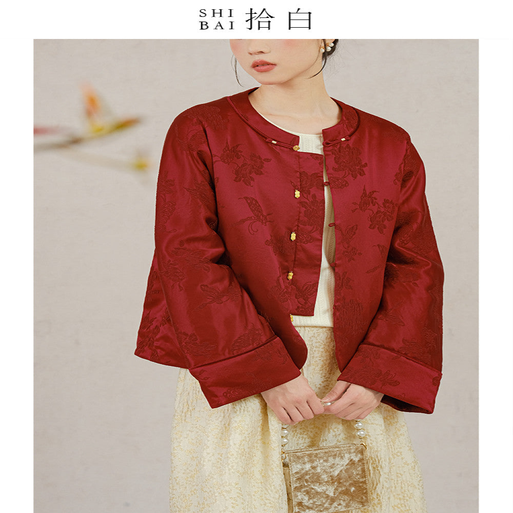 SHIBAI Shibai Dielianhua New Chinese style jacket winter high end mulberry silk silk crown wrinkled red cotton coat image 4