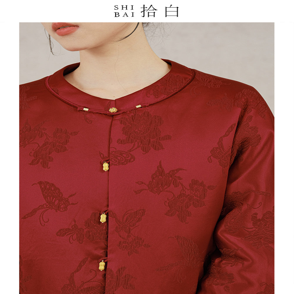 SHIBAI Shibai Dielianhua New Chinese style jacket winter high end mulberry silk silk crown wrinkled red cotton coat image 5