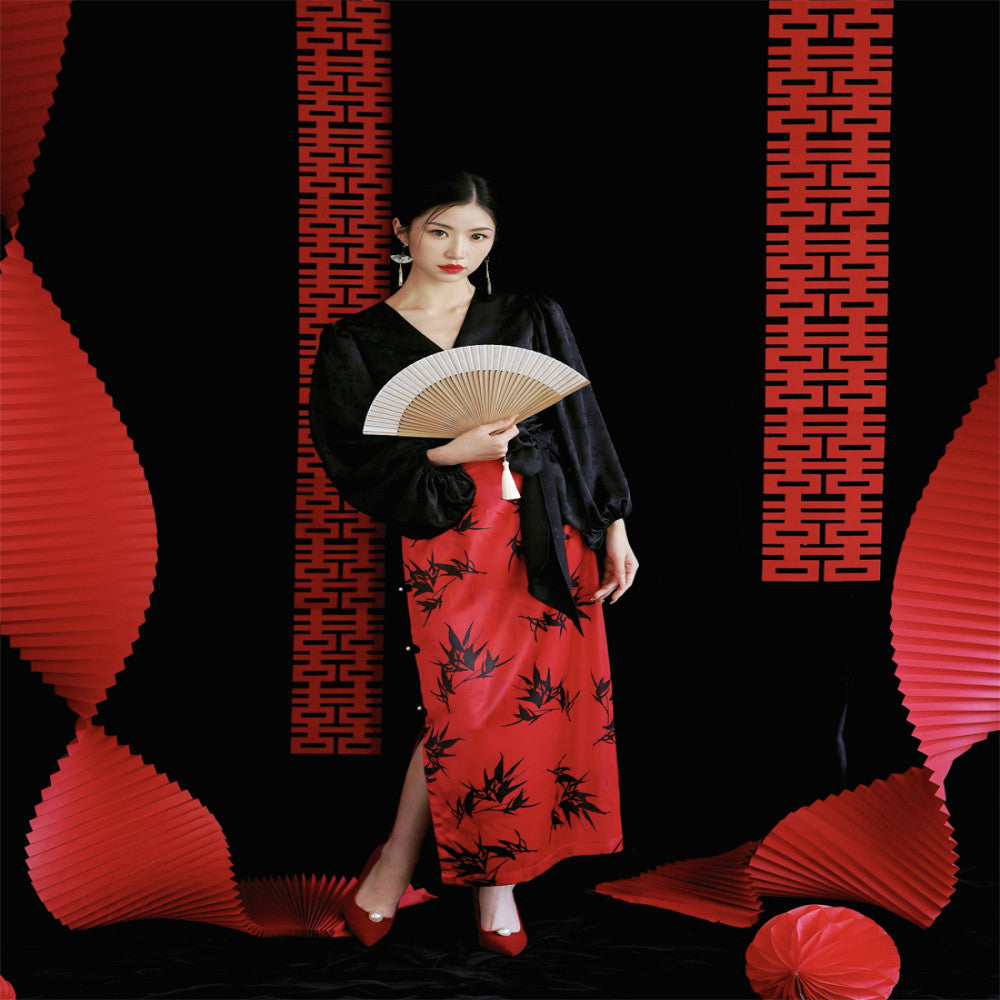 Moye New Chinese Style Bamboo Bank Red Engagement Wedding High Waist Slim Hip Retro Button Slit Skirt image 1