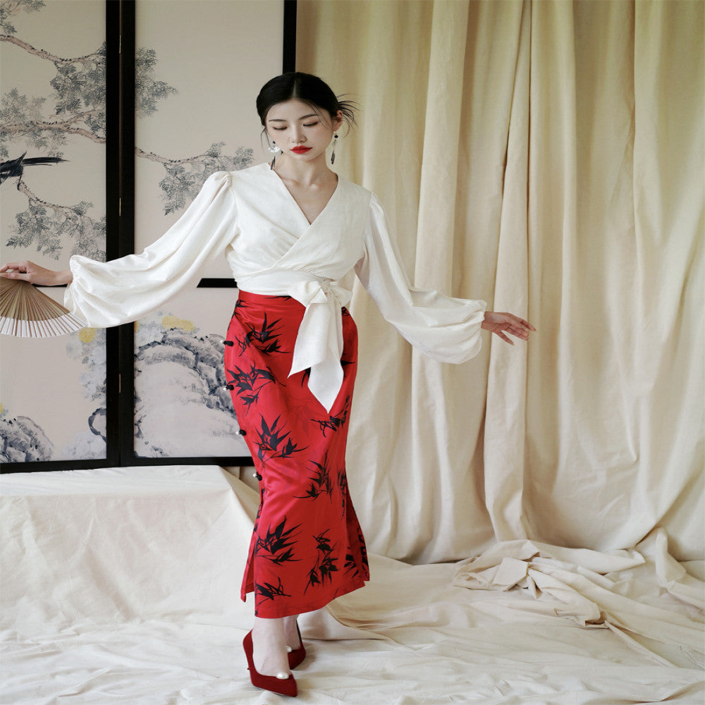 Moye New Chinese Style Bamboo Bank Red Engagement Wedding High Waist Slim Hip Retro Button Slit Skirt image 2