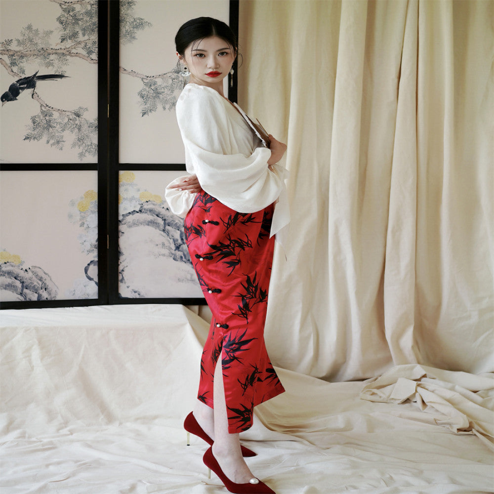 Moye New Chinese Style Bamboo Bank Red Engagement Wedding High Waist Slim Hip Retro Button Slit Skirt image 3