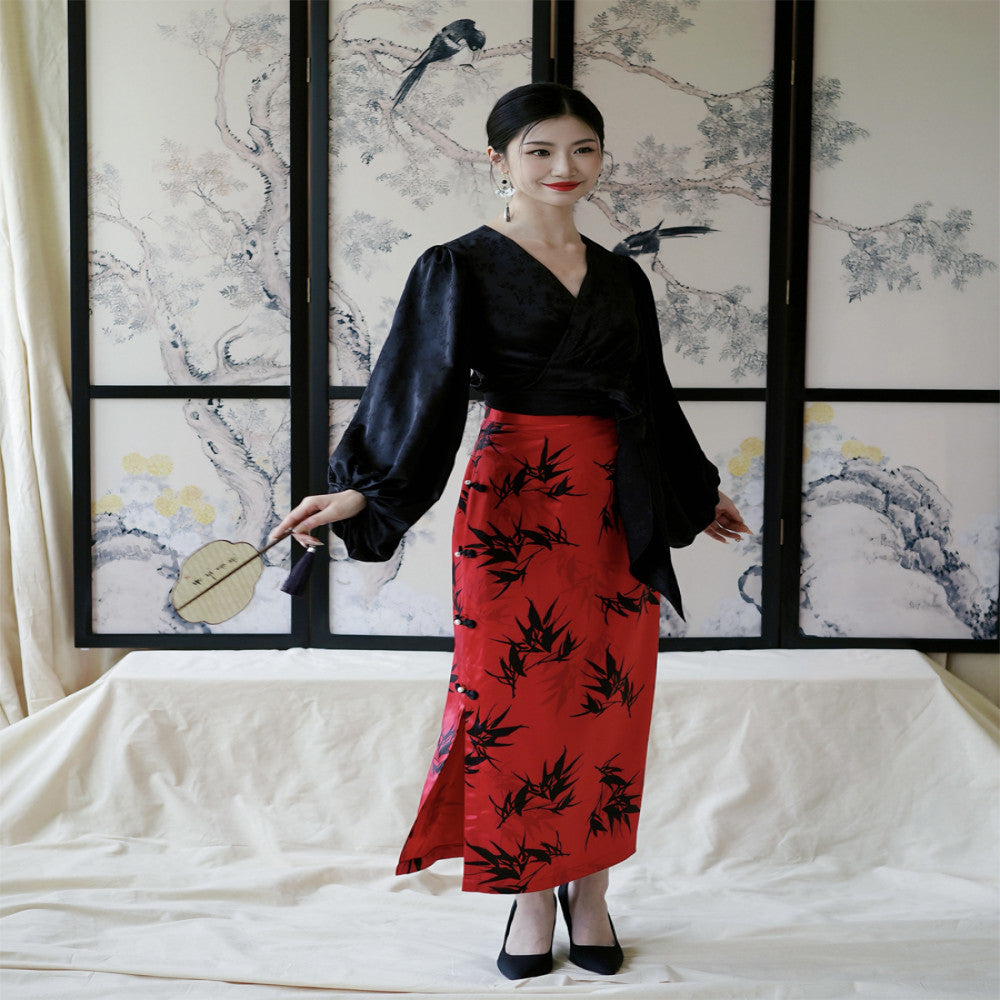 Moye New Chinese Style Bamboo Bank Red Engagement Wedding High Waist Slim Hip Retro Button Slit Skirt image 4