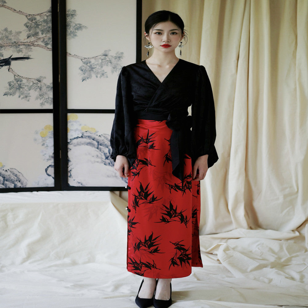 Moye New Chinese Style Bamboo Bank Red Engagement Wedding High Waist Slim Hip Retro Button Slit Skirt image 5