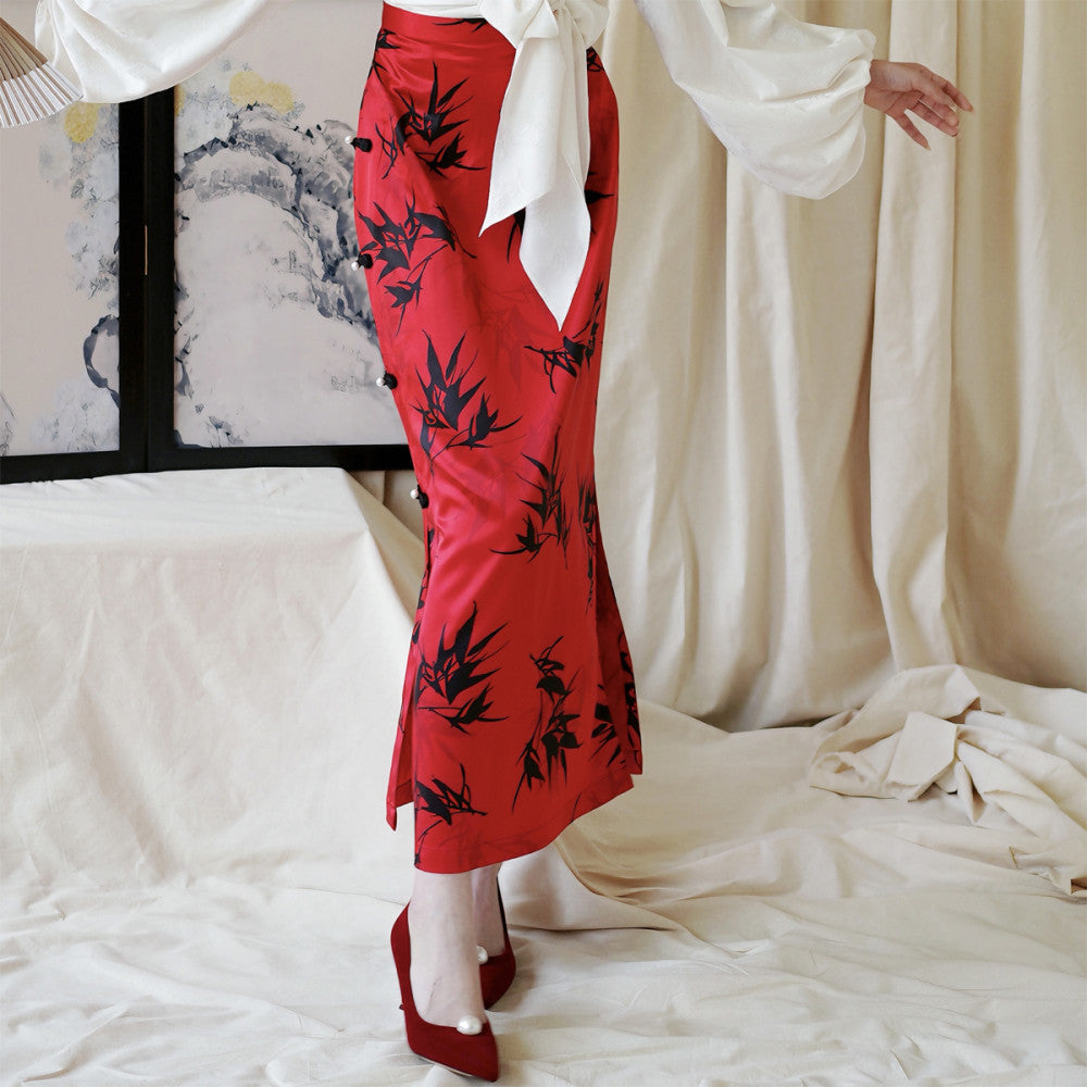 Moye New Chinese Style Bamboo Bank Red Engagement Wedding High Waist Slim Hip Retro Button Slit Skirt image 10