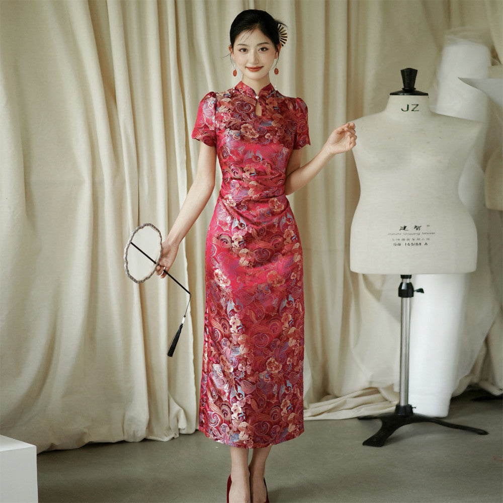 Moye New Chinese Style Yuexi Red Embroidered Jacquard High end Cheongsam Engagement Wedding Bridal Toast Dress image 7