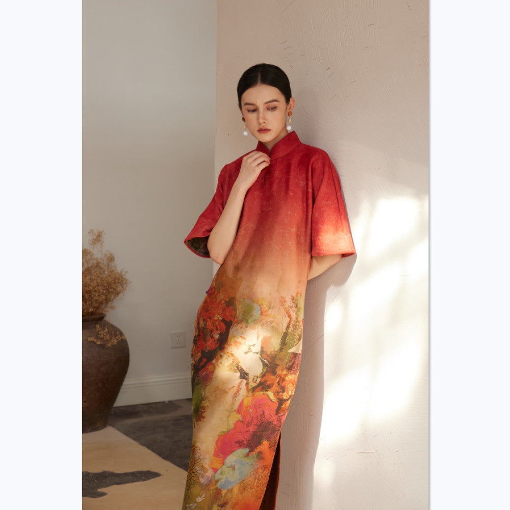 TAORAN Women s New Chinese style Inverted Sleeve Long Cheongsam Skirt Women s Autumn and Winter New Red Bridal Long Toast Dress image 5