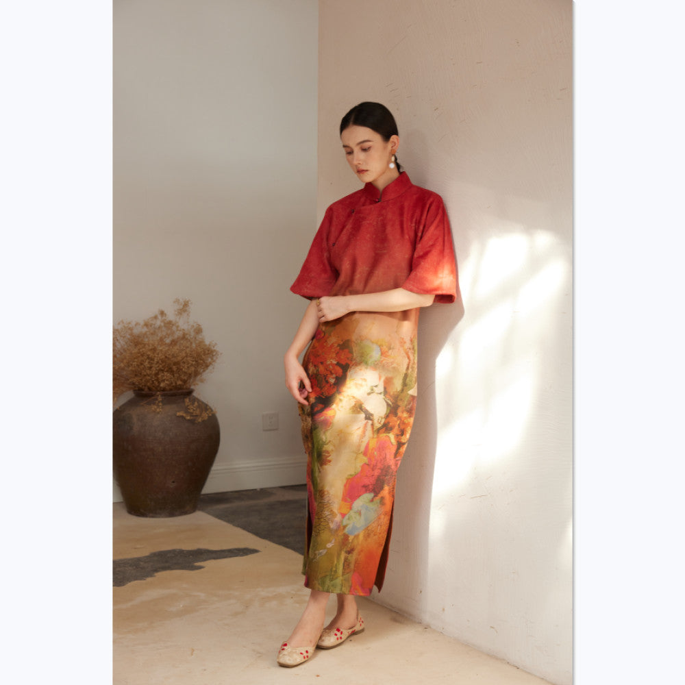 TAORAN Women s New Chinese style Inverted Sleeve Long Cheongsam Skirt Women s Autumn and Winter New Red Bridal Long Toast Dress image 7