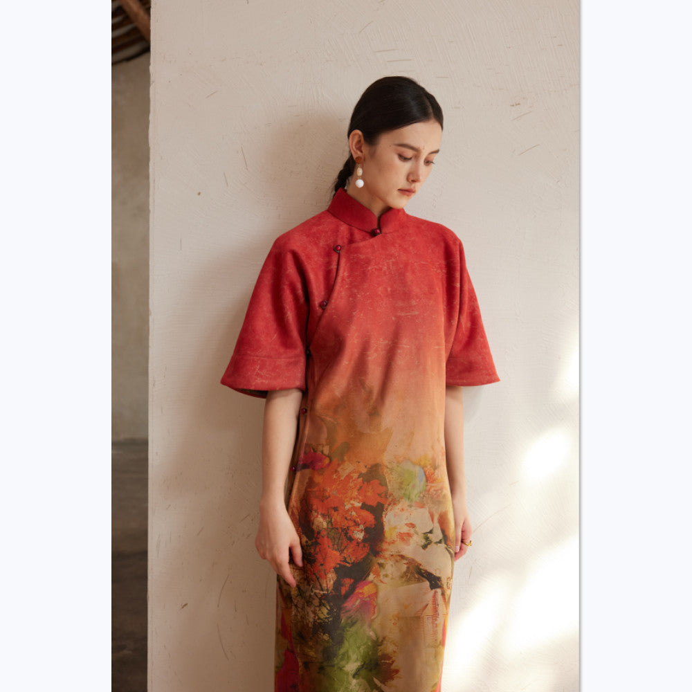 TAORAN Women s New Chinese style Inverted Sleeve Long Cheongsam Skirt Women s Autumn and Winter New Red Bridal Long Toast Dress image 2