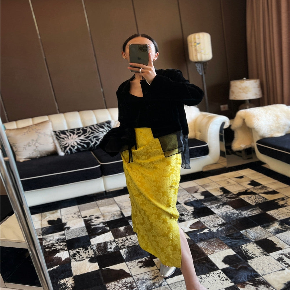 Yang Mi s same golden jacquard silk new Chinese style half skirt high waisted bag buckle with slit versatile mid length F3718 image 1