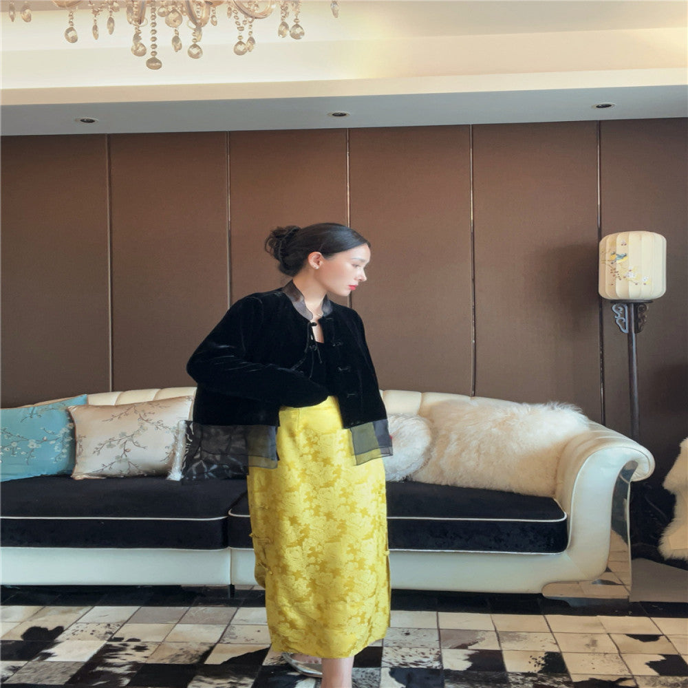 Yang Mi s same golden jacquard silk new Chinese style half skirt high waisted bag buckle with slit versatile mid length F3718 image 10