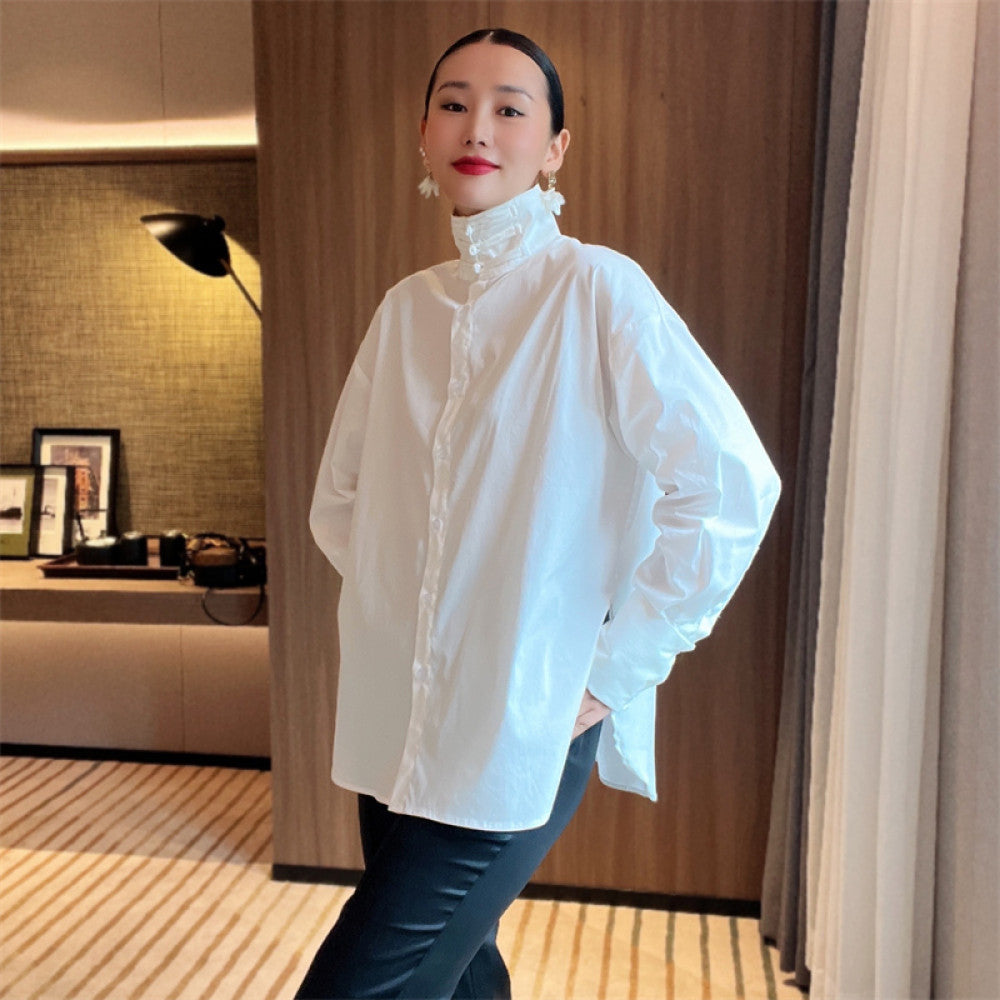 Chinese minimalist pure white cotton shirt women s buttoned stand up collar versatile loose curved high slit long sleeved top T2066 image 2
