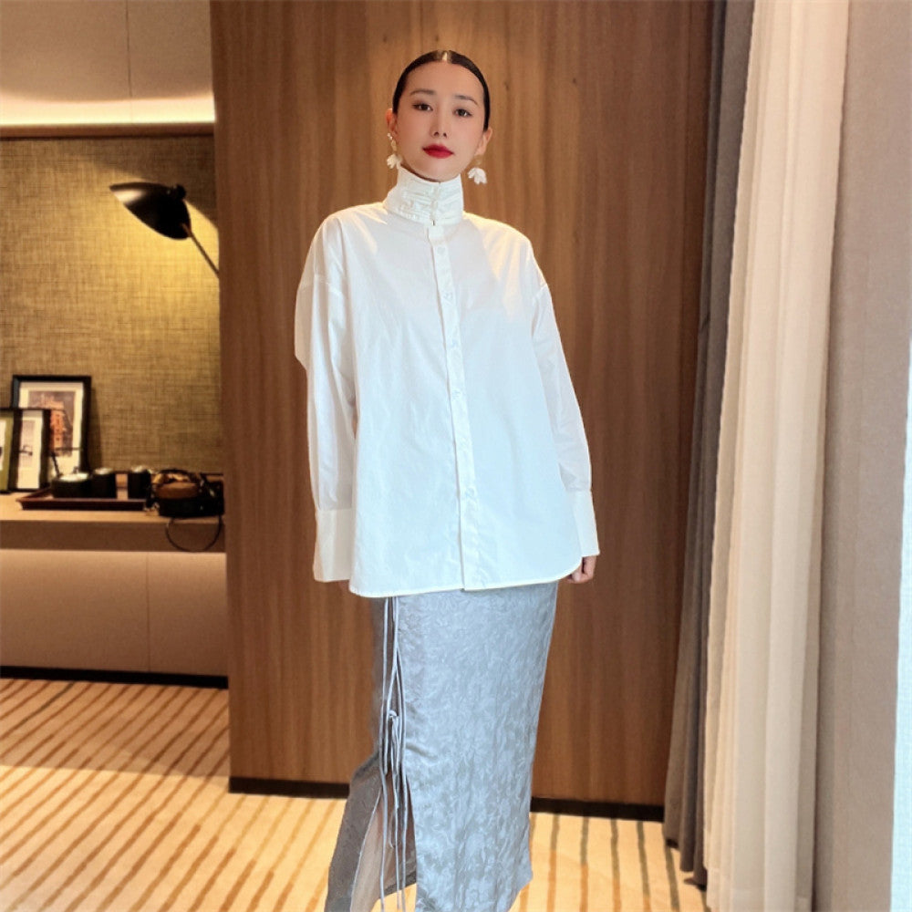 Chinese minimalist pure white cotton shirt women s buttoned stand up collar versatile loose curved high slit long sleeved top T2066 image 3
