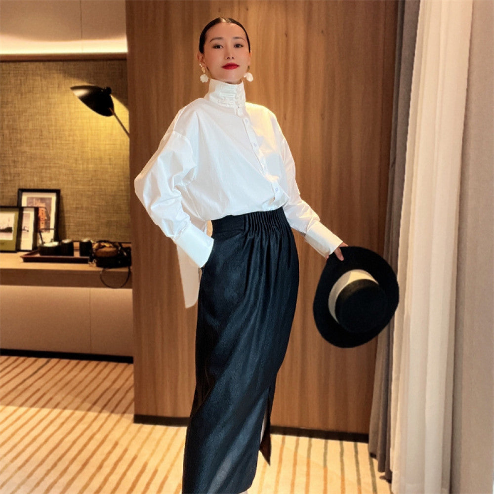 Chinese minimalist pure white cotton shirt women s buttoned stand up collar versatile loose curved high slit long sleeved top T2066 image 4