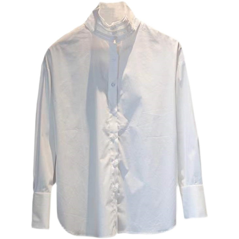 Chinese minimalist pure white cotton shirt women s buttoned stand up collar versatile loose curved high slit long sleeved top T2066 image 5