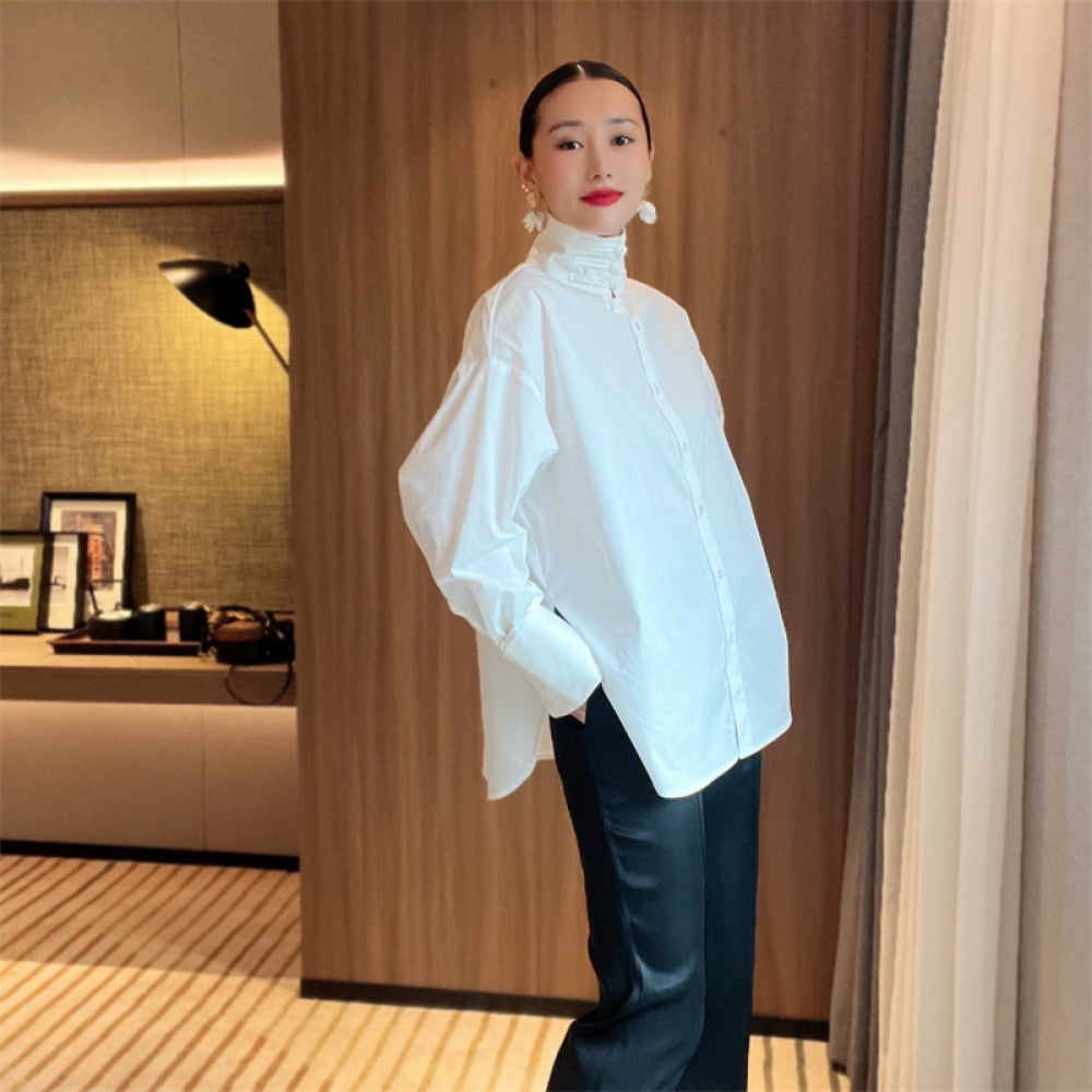 Chinese minimalist pure white cotton shirt women s buttoned stand up collar versatile loose curved high slit long sleeved top T2066 image 0
