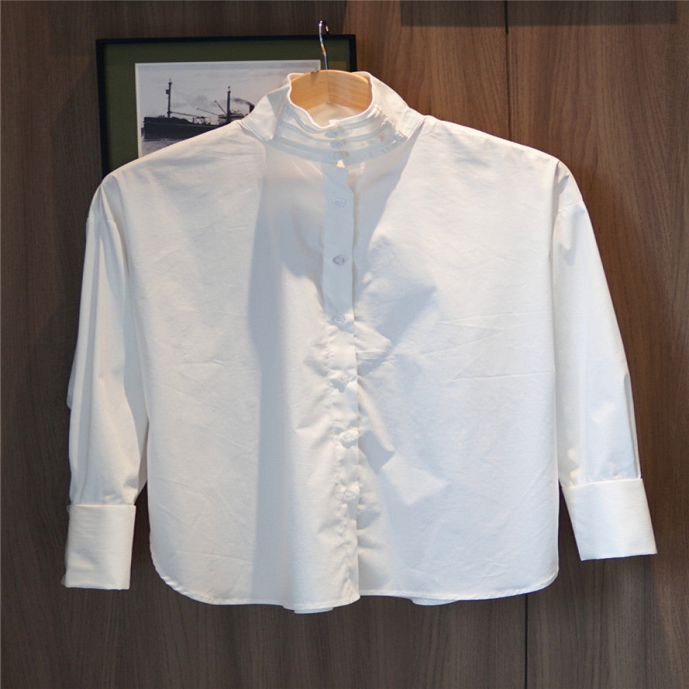 Chinese minimalist pure white cotton shirt women s buttoned stand up collar versatile loose curved high slit long sleeved top T2066 image 11