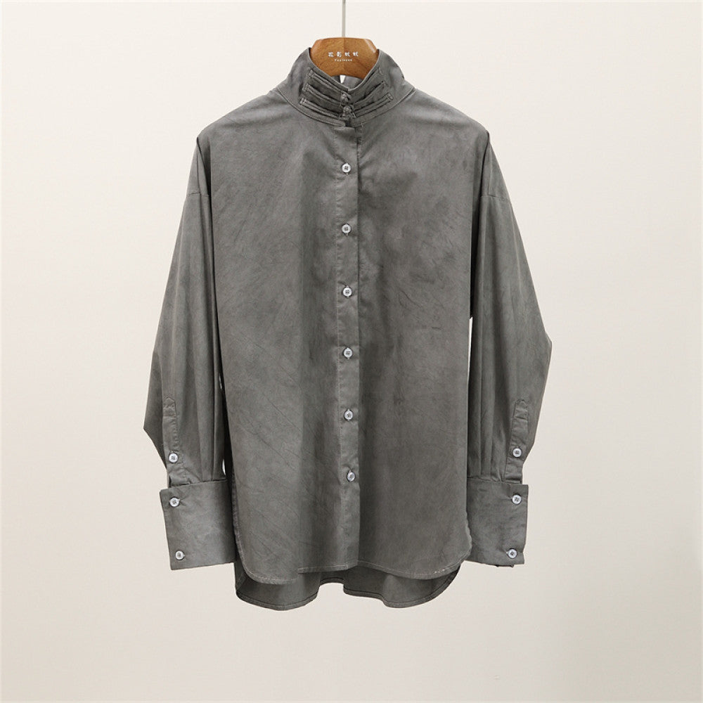 Chinese minimalist pure white cotton shirt women s buttoned stand up collar versatile loose curved high slit long sleeved top T2066 image 13