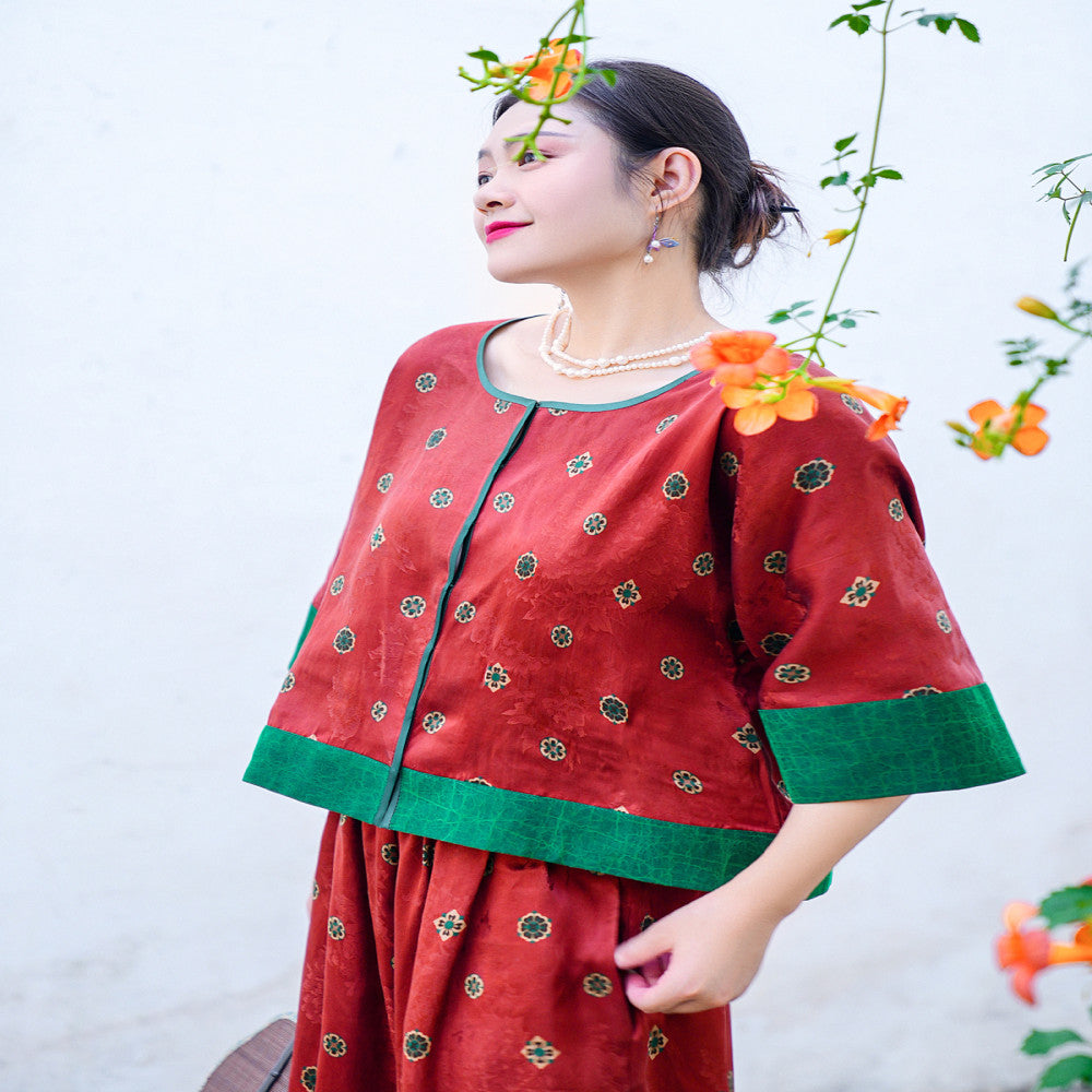 Yunjian Ziroom 100 Mulberry Silk Fragrant Cloud Yarn Jacquard Segment 35mm Orange Splicing Green Turtle Concealed Double breasted Top image 3