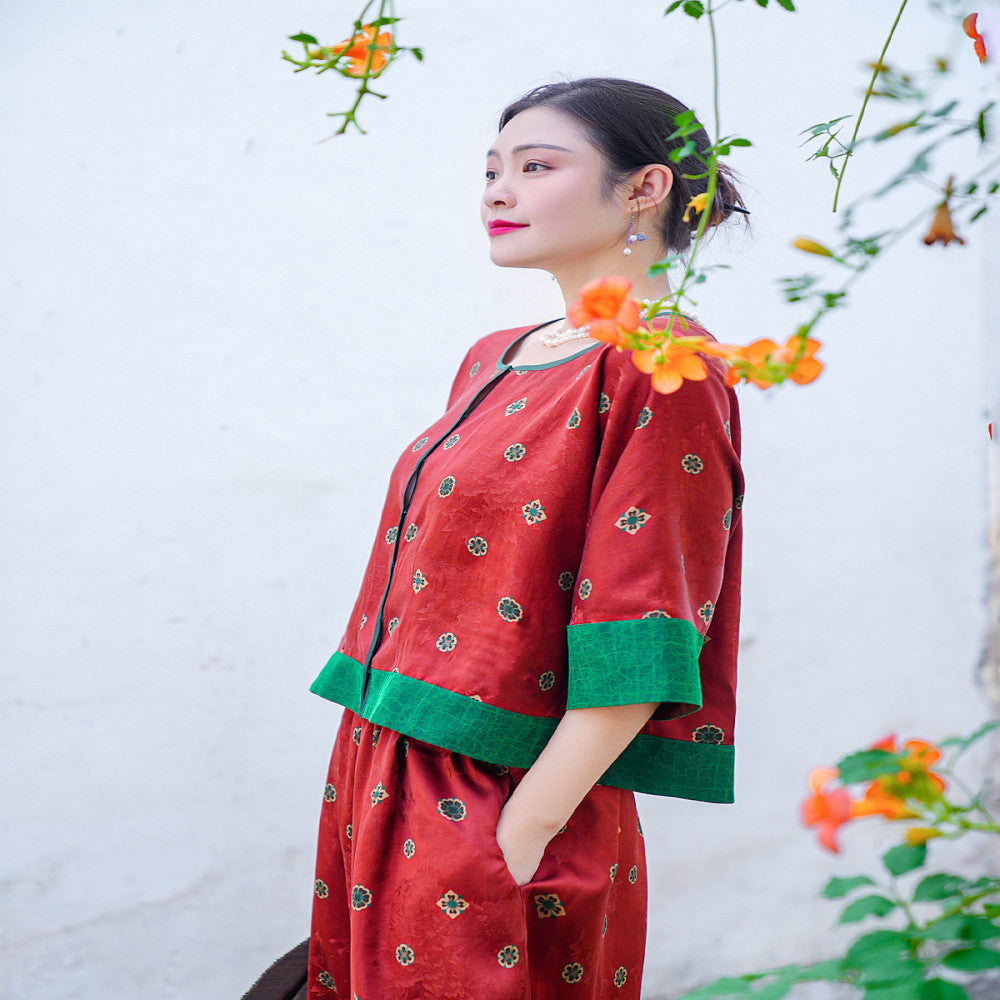 Yunjian Ziroom 100 Mulberry Silk Fragrant Cloud Yarn Jacquard Segment 35mm Orange Splicing Green Turtle Concealed Double breasted Top image 4