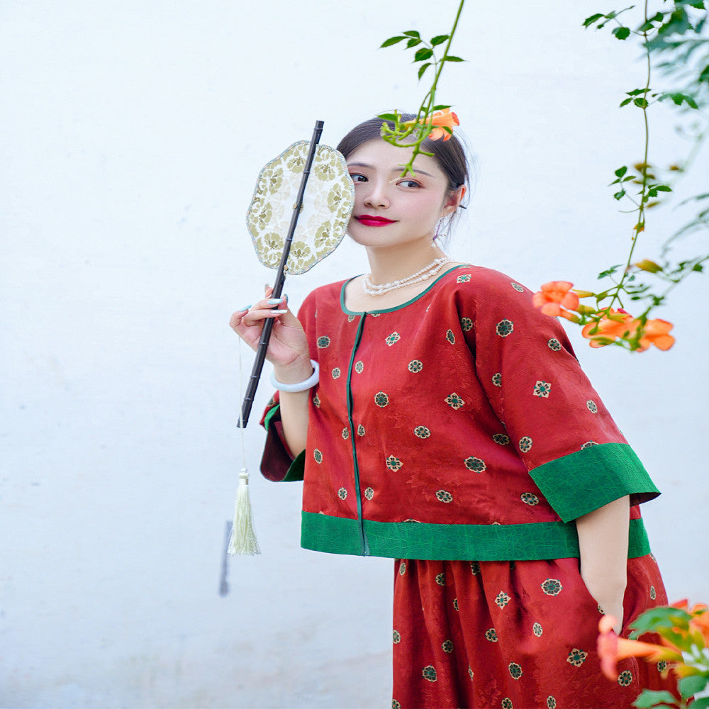 Yunjian Ziroom 100 Mulberry Silk Fragrant Cloud Yarn Jacquard Segment 35mm Orange Splicing Green Turtle Concealed Double breasted Top image 0