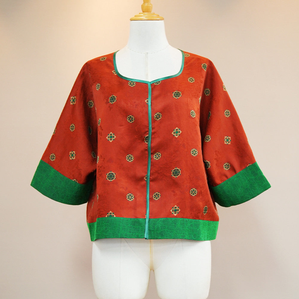 Yunjian Ziroom 100 Mulberry Silk Fragrant Cloud Yarn Jacquard Segment 35mm Orange Splicing Green Turtle Concealed Double breasted Top image 6