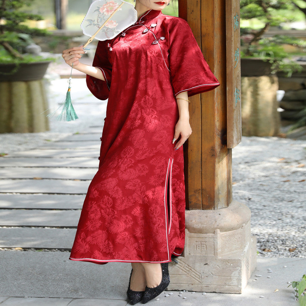 Zhu Yanhong Silk Jacquard Retro Meiling Knitted Cheongsam Stand up Collar Inverted Large Sleeves Fully Open Handmade Buckle Dress image 2