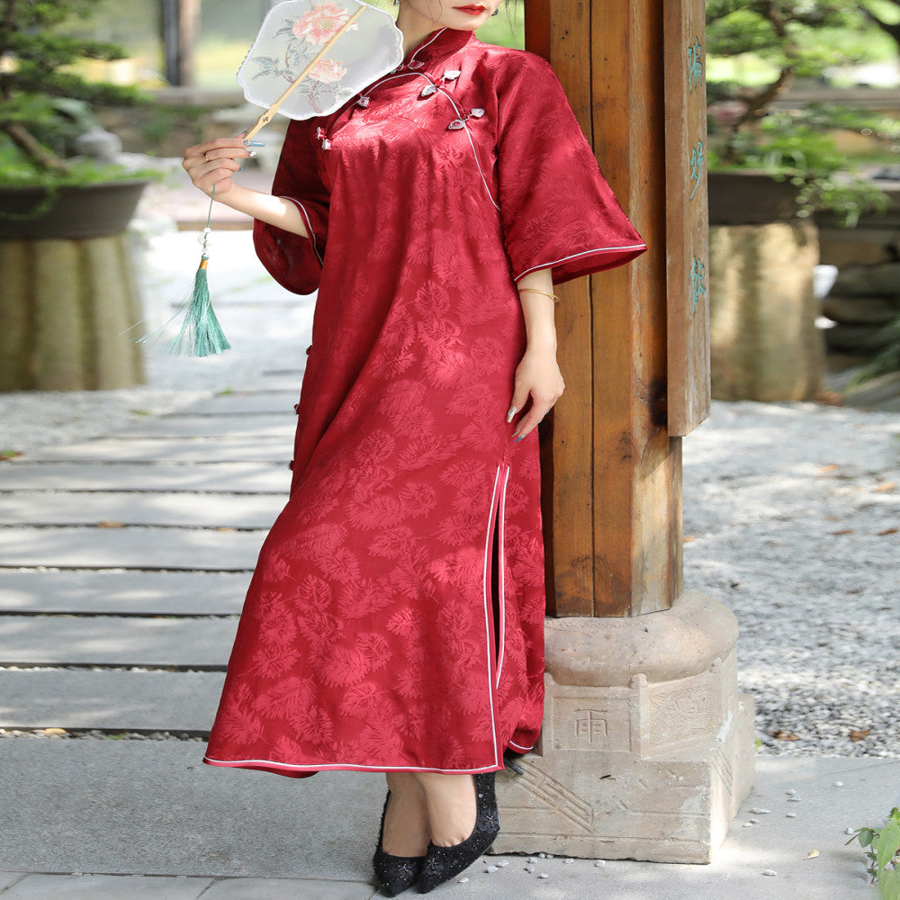 Zhu Yanhong Silk Jacquard Retro Meiling Knitted Cheongsam Stand up Collar Inverted Large Sleeves Fully Open Handmade Buckle Dress image 4