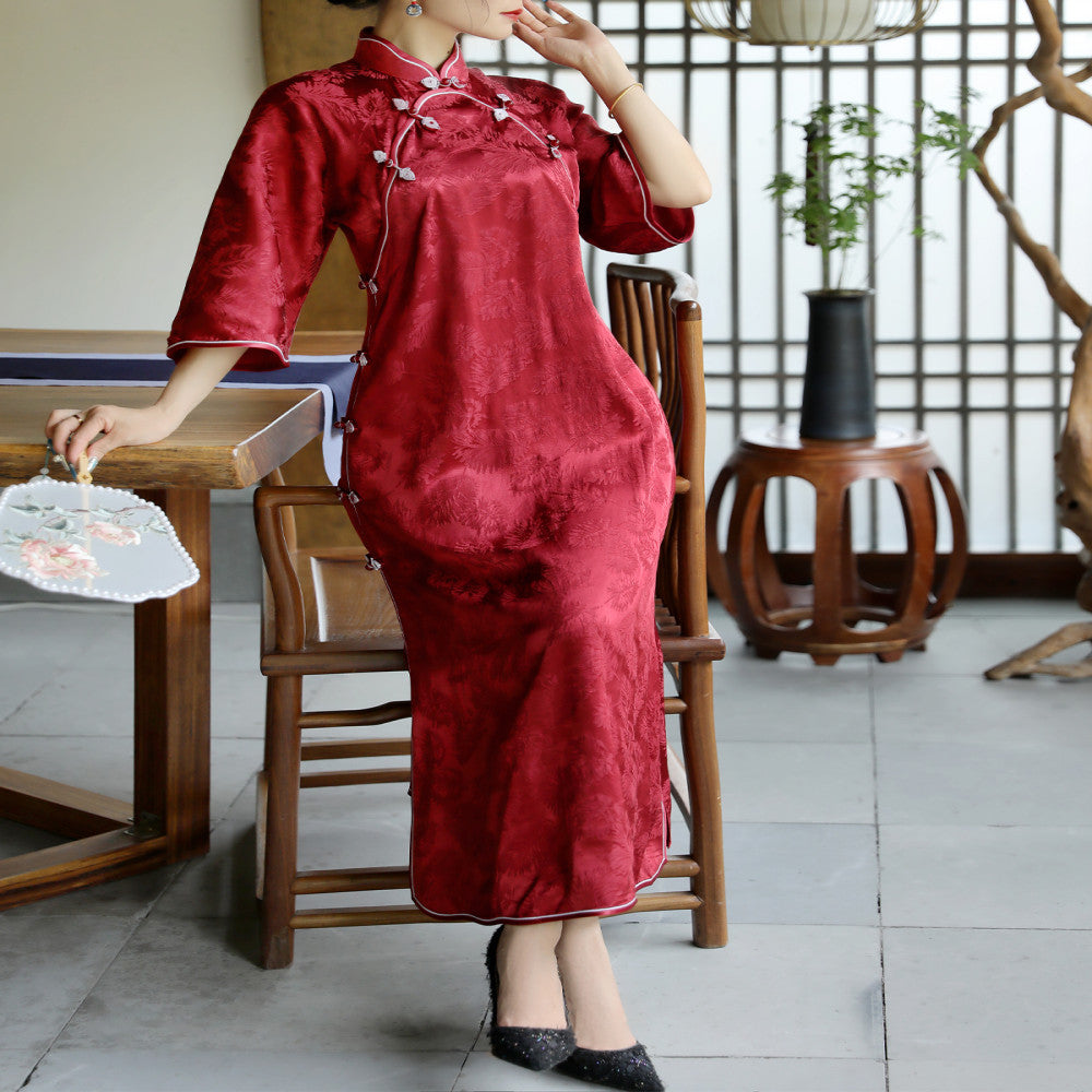 Zhu Yanhong Silk Jacquard Retro Meiling Knitted Cheongsam Stand up Collar Inverted Large Sleeves Fully Open Handmade Buckle Dress image 5