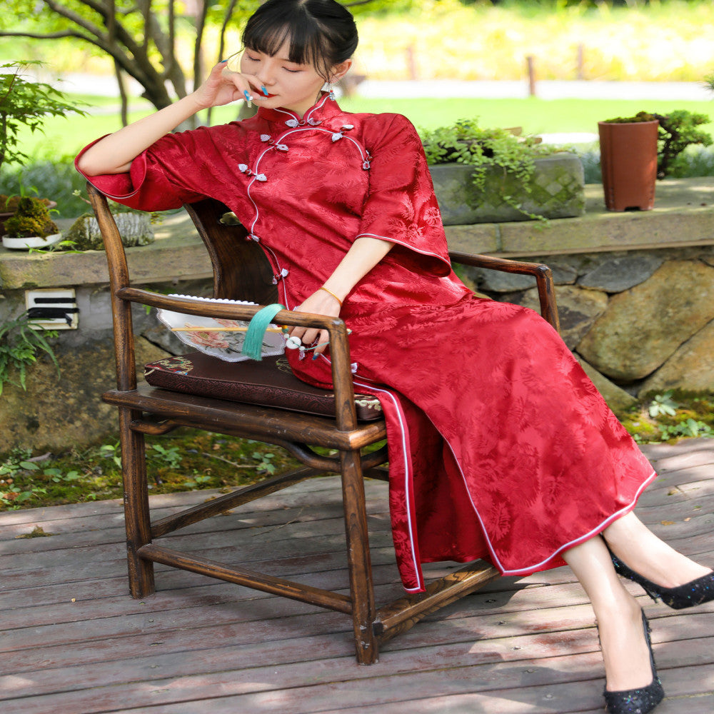 Zhu Yanhong Silk Jacquard Retro Meiling Knitted Cheongsam Stand up Collar Inverted Large Sleeves Fully Open Handmade Buckle Dress image 14