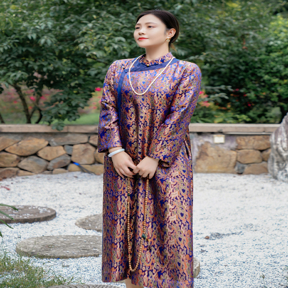 Five Star Oriental Cheongsam Mulberry Silk Xiangyunsha Shujin Stand Collar Splicing Contrast Color Long Sleeve Mid Length Cheongsam image 2