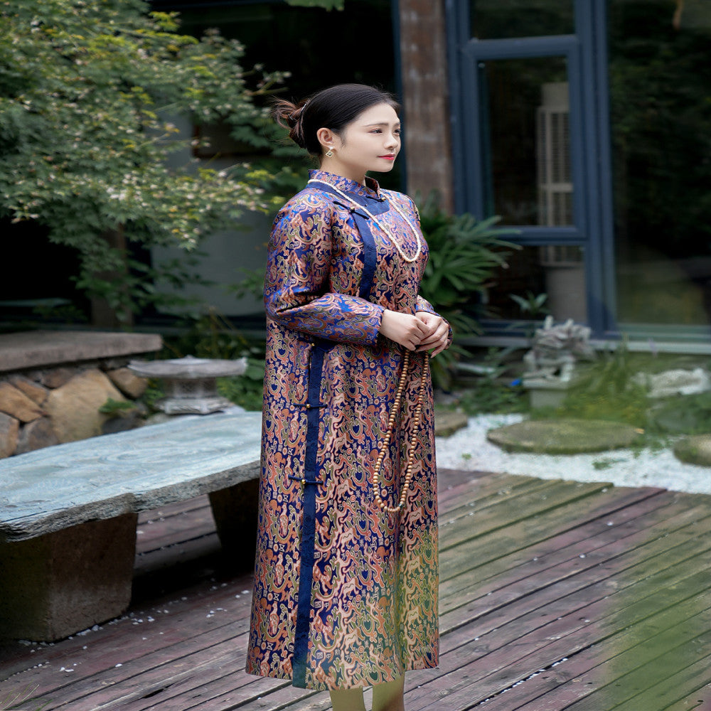 Five Star Oriental Cheongsam Mulberry Silk Xiangyunsha Shujin Stand Collar Splicing Contrast Color Long Sleeve Mid Length Cheongsam image 3