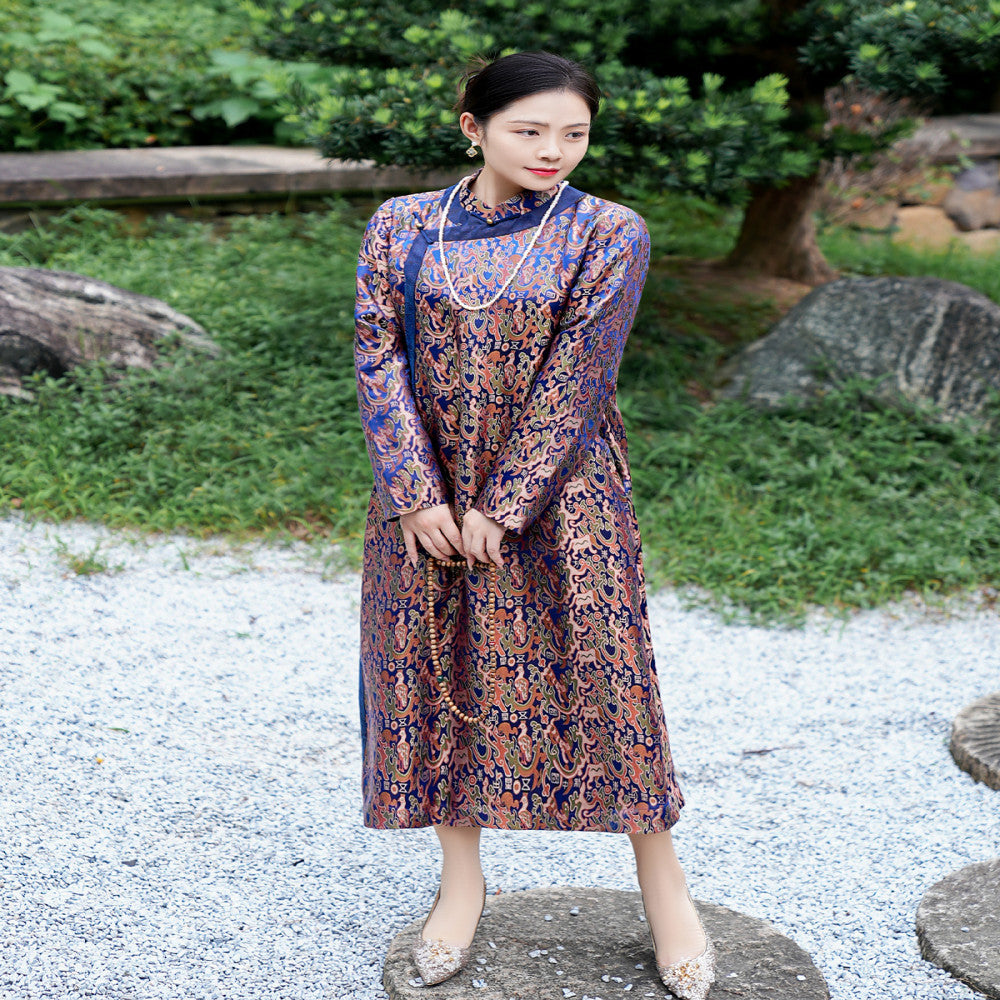 Five Star Oriental Cheongsam Mulberry Silk Xiangyunsha Shujin Stand Collar Splicing Contrast Color Long Sleeve Mid Length Cheongsam image 4