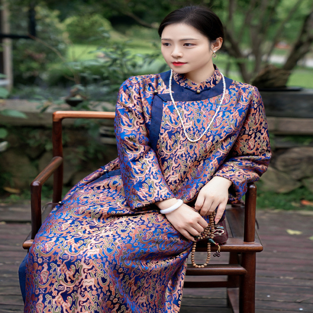 Five Star Oriental Cheongsam Mulberry Silk Xiangyunsha Shujin Stand Collar Splicing Contrast Color Long Sleeve Mid Length Cheongsam image 0
