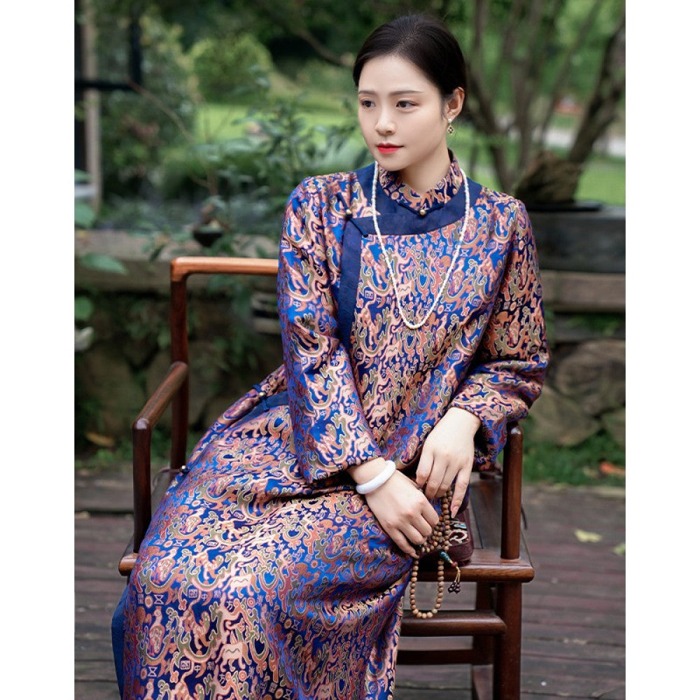 Five Star Oriental Cheongsam Mulberry Silk Xiangyunsha Shujin Stand Collar Splicing Contrast Color Long Sleeve Mid Length Cheongsam image 14