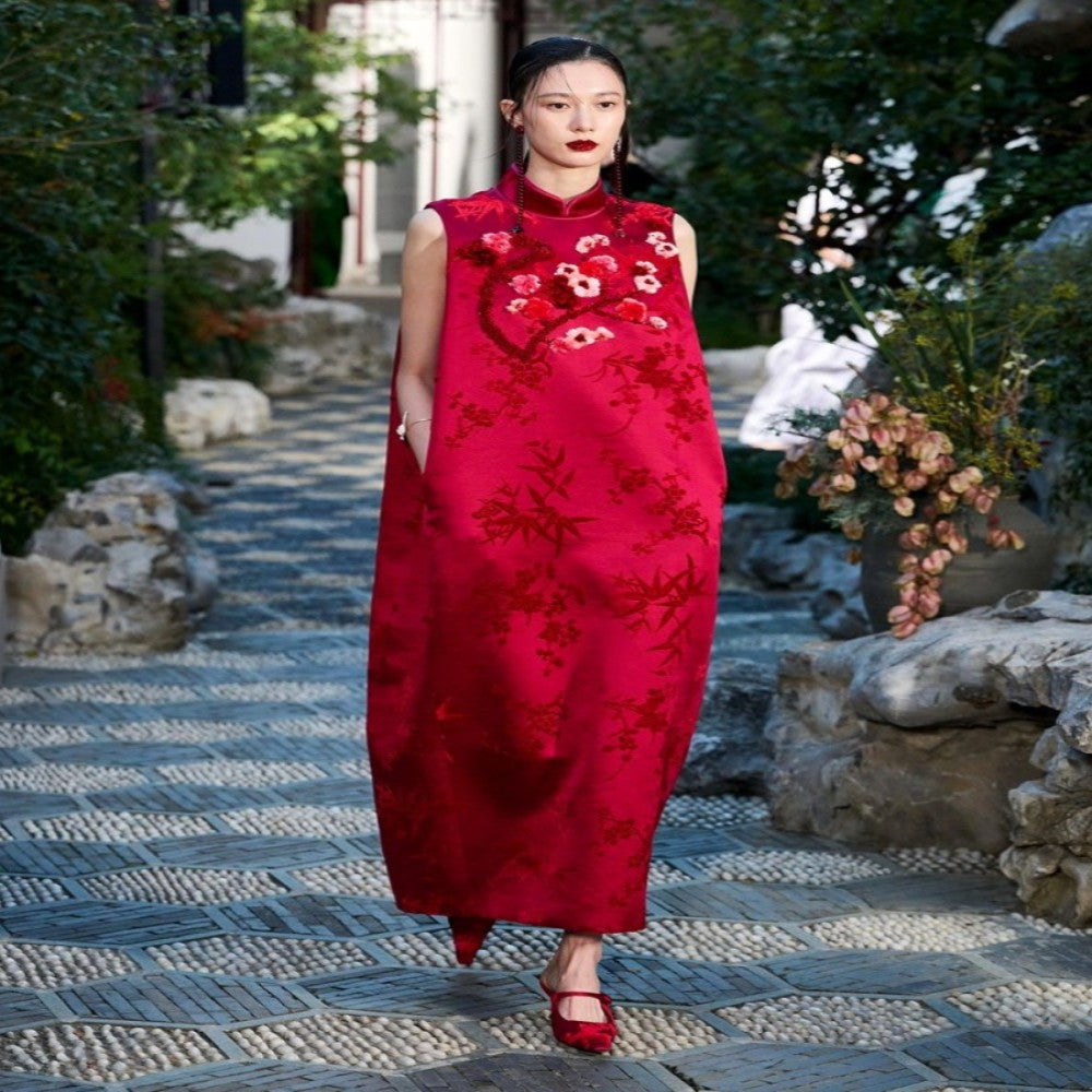 New Chinese style national style light luxury high end feeling born in the year of the zodiac China Red Heavy Industry jacquard embroidery improved cheongsam dress image 2