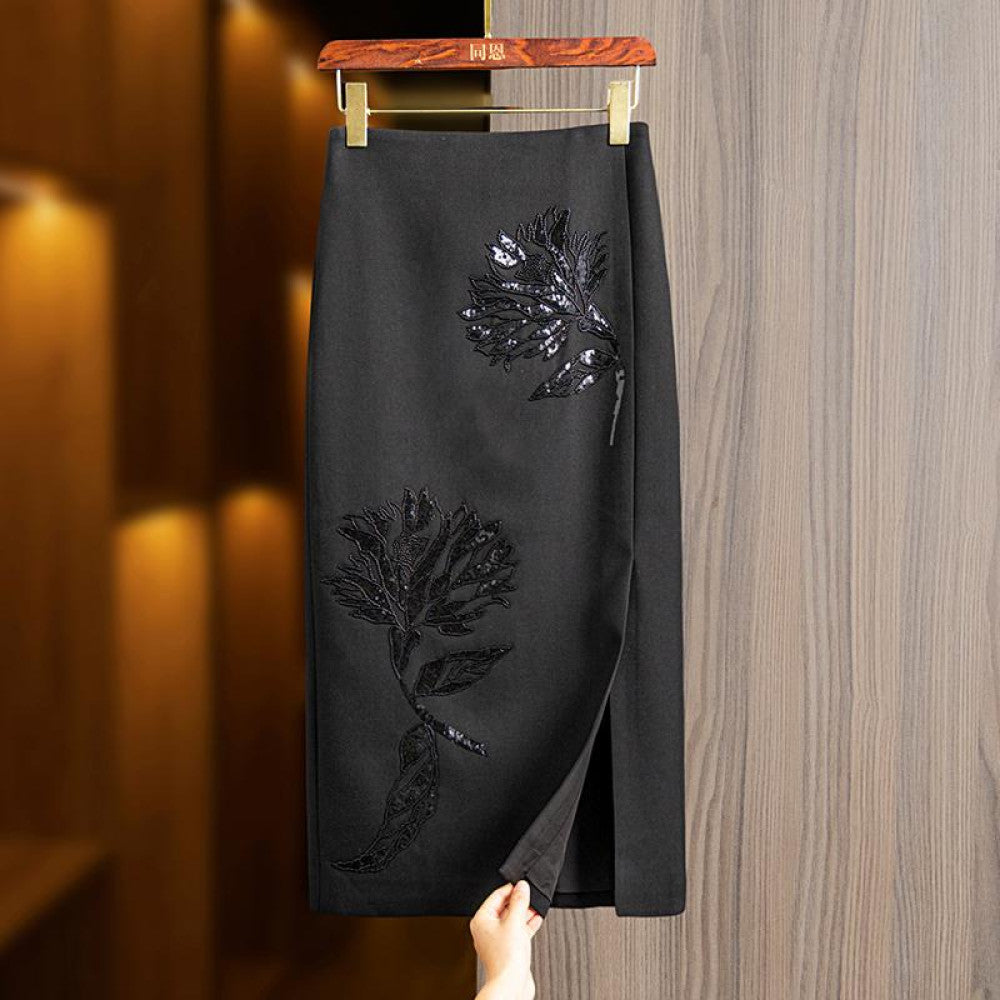 Heavy sequin embroidered skirt for women 2024 autumn and winter new high waist French slim mid length slit hip skirt image 0