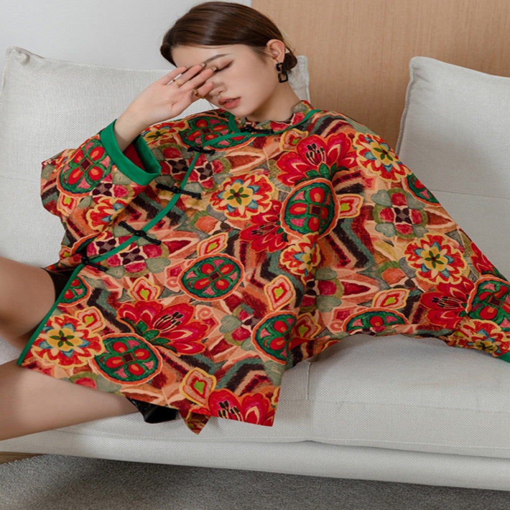 Wide version bat plus size Chinese printed thin cotton coat women s large flower plate button cotton coat loose Chinese style coat contrasting color splicing image 2