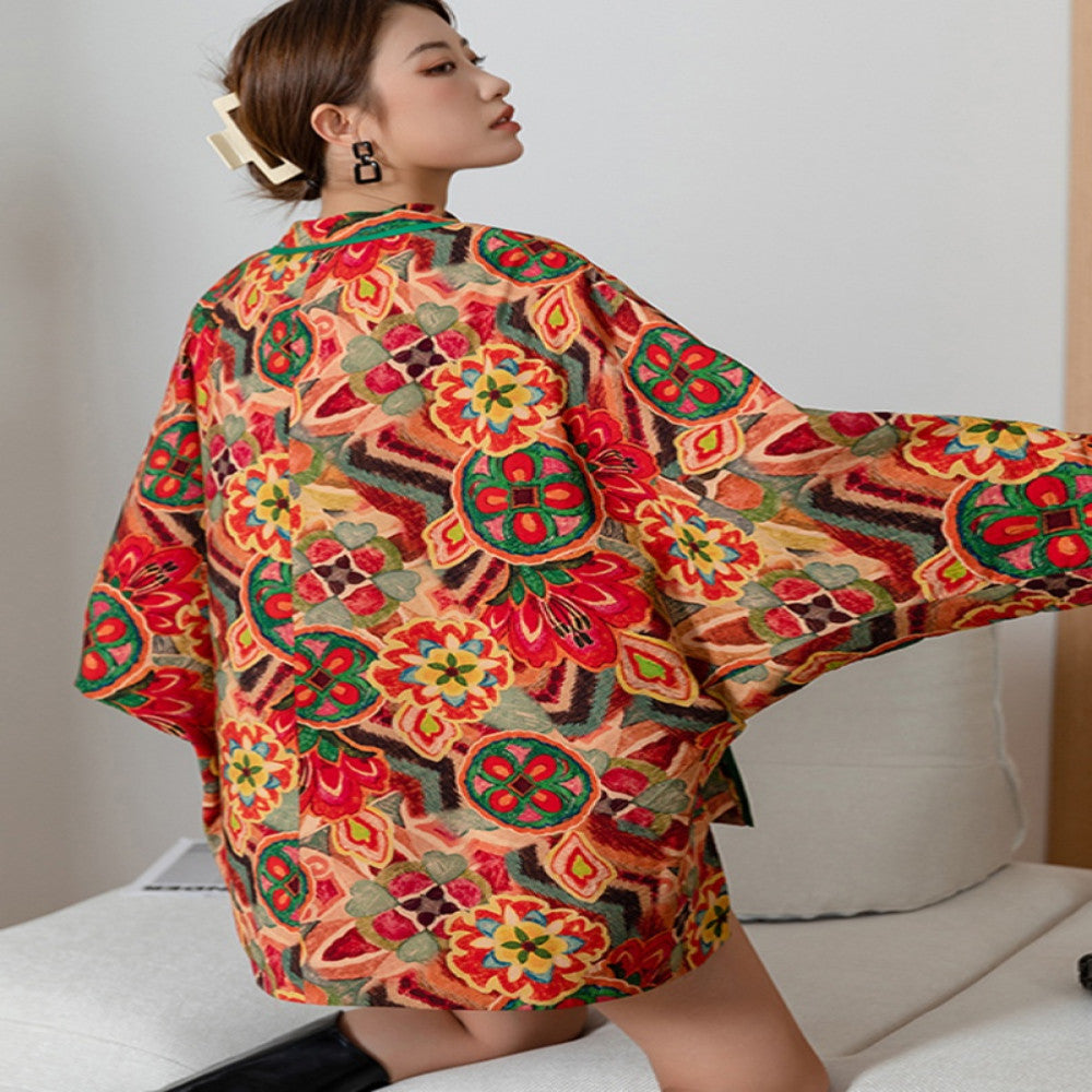 Wide version bat plus size Chinese printed thin cotton coat women s large flower plate button cotton coat loose Chinese style coat contrasting color splicing image 3