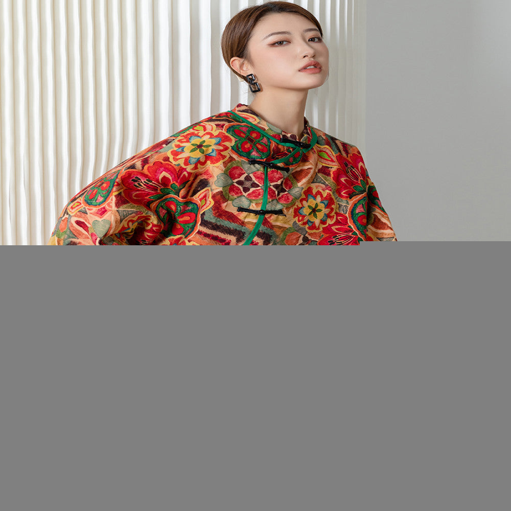 Wide version bat plus size Chinese printed thin cotton coat women s large flower plate button cotton coat loose Chinese style coat contrasting color splicing image 6