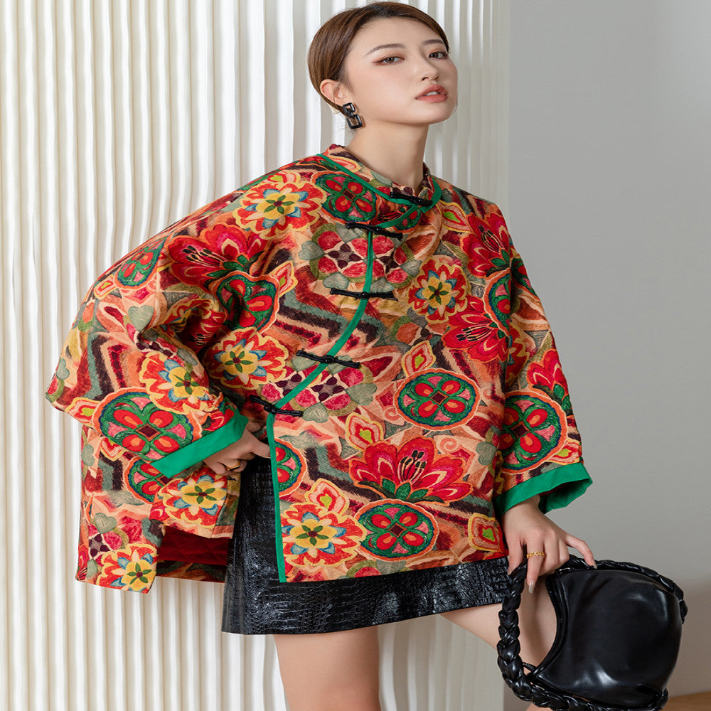 Wide version bat plus size Chinese printed thin cotton coat women s large flower plate button cotton coat loose Chinese style coat contrasting color splicing image 7