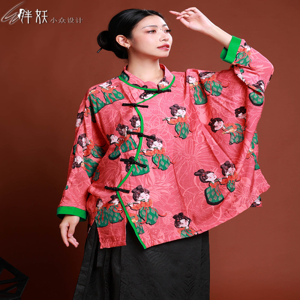 Wide version bat plus size Chinese printed thin cotton coat women s large flower plate button cotton coat loose Chinese style coat contrasting color splicing image 10