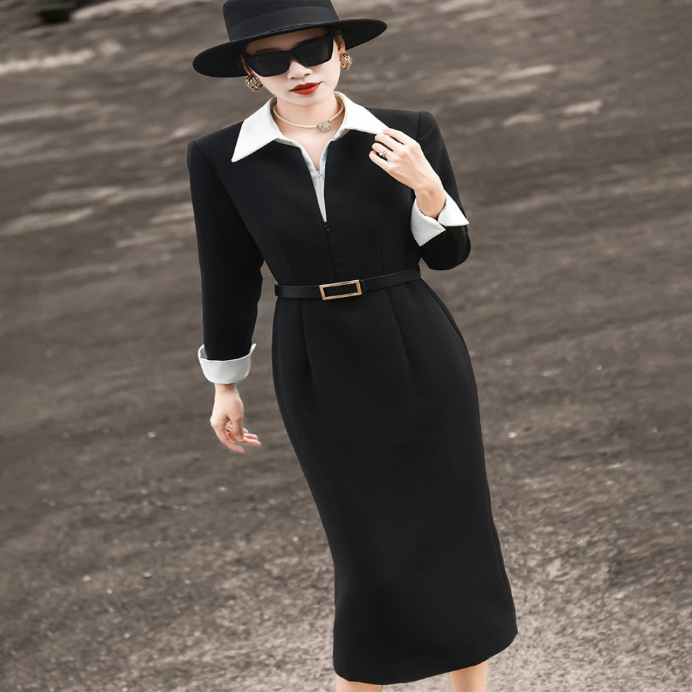 Lanser 2025 autumn new fashion commuter design sense medium and long contrast color shirt collar black suit skirt women image 2