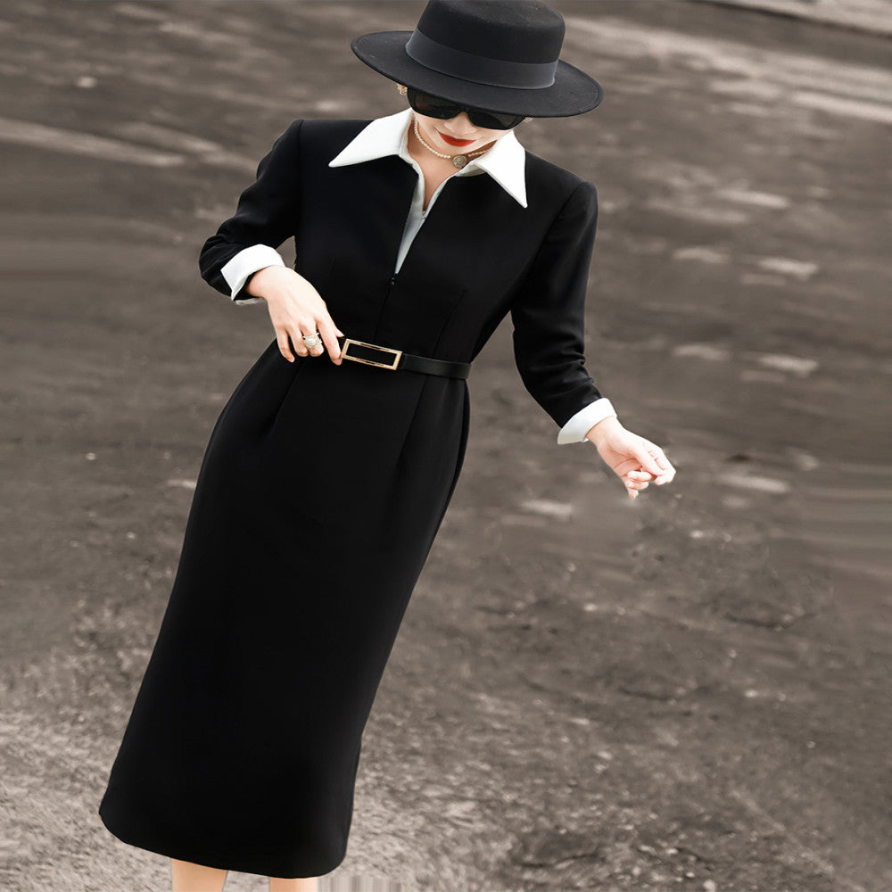 Lanser 2025 autumn new fashion commuter design sense medium and long contrast color shirt collar black suit skirt women image 3