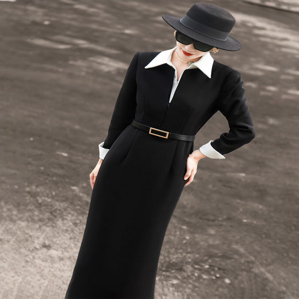 Lanser 2025 autumn new fashion commuter design sense medium and long contrast color shirt collar black suit skirt women image 5