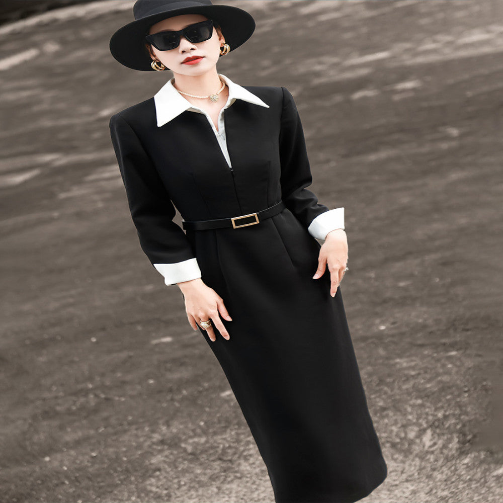 Lanser 2025 autumn new fashion commuter design sense medium and long contrast color shirt collar black suit skirt women image 12